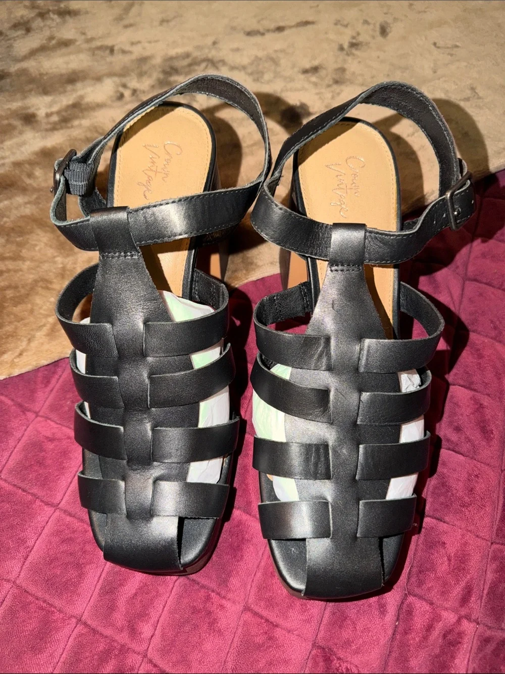 NWOT Crown Vintage Black Strappy Platform Block Heel Sandals